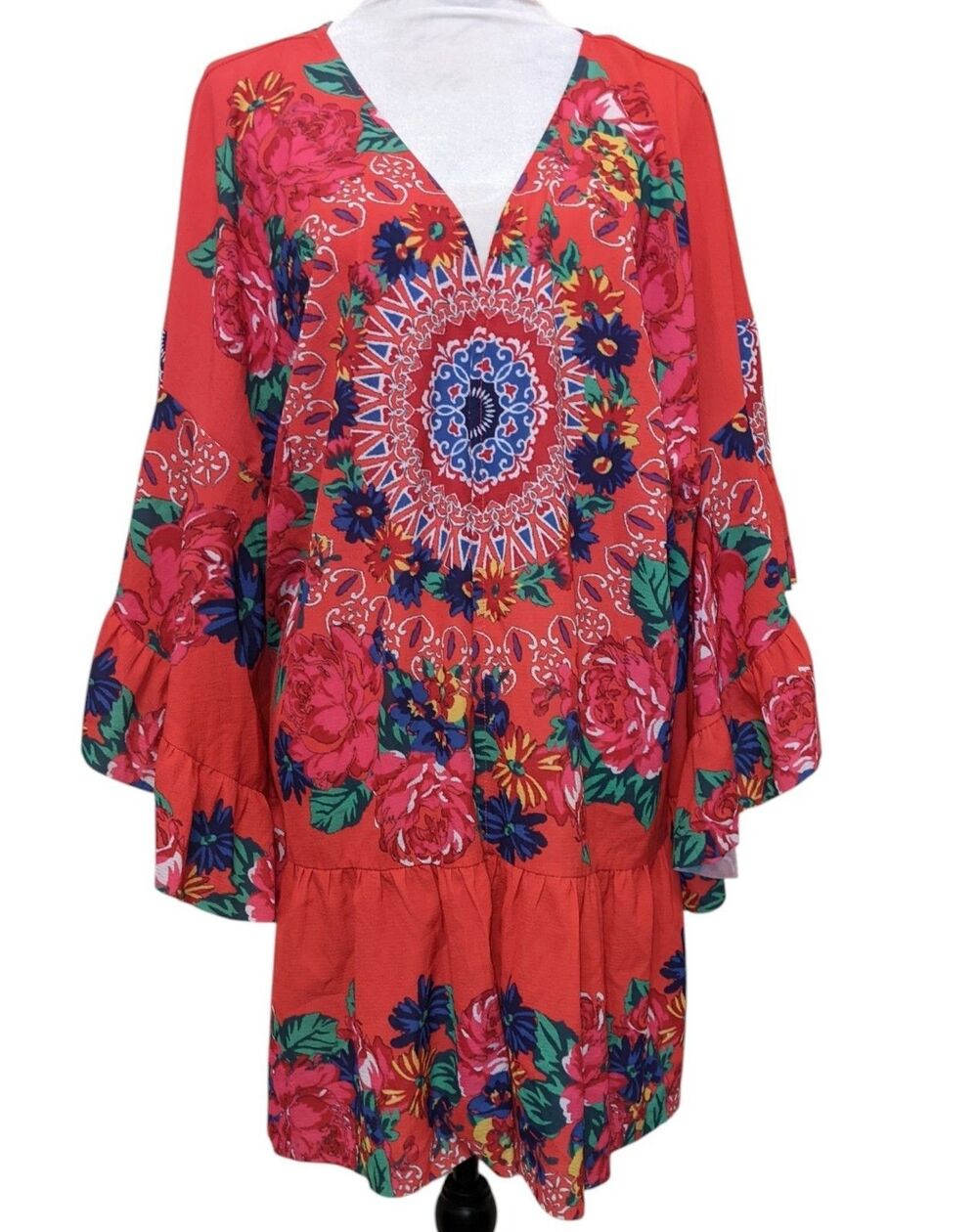 Umgee Red Tunic Kimono Layer Bright Floral Moroccan Flounce Boho Artsy Size XL
